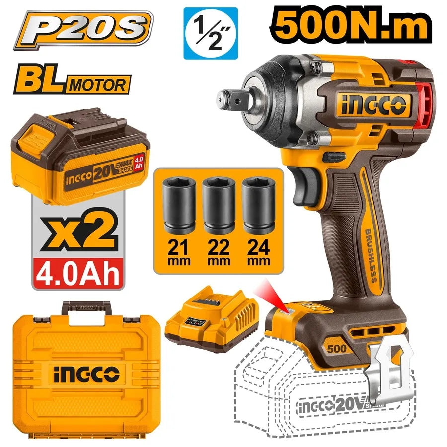 20V Cordless Impact Wrench Brushless 500Nm - INGCO